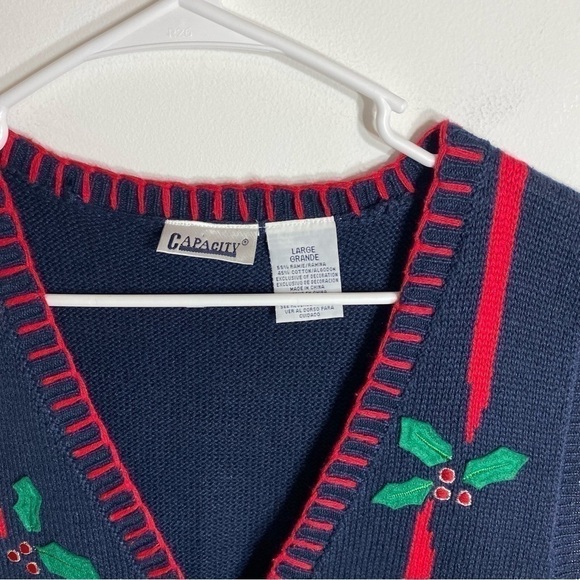 Vintage Knit Sweater Vest Red Cardinal Holly Leaves Christmas Large Blue Women’s - Picture 2 of 5